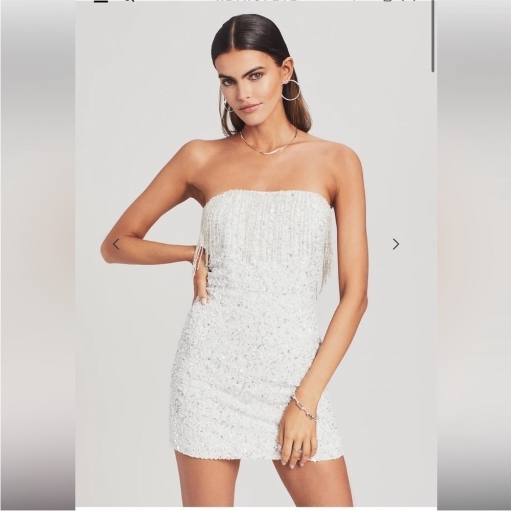 Retrofete White Sequin Strapless Mini Dress with Fringe